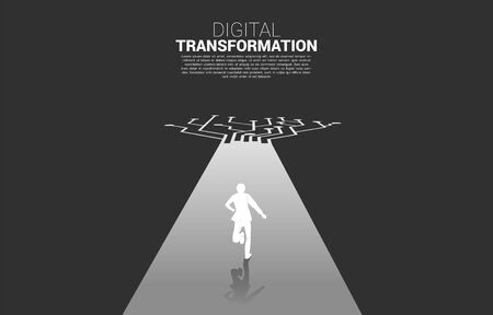 Silhouette of businessman running on the way with dot connect line circuit. concept of digital transformation of business.のイラスト素材