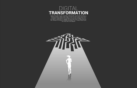 Silhouette of businesswoman running on the way with dot connect line circuit. concept of digital transformation of business.のイラスト素材