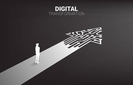 Silhouette of businessman standing on the way with dot connect line circuit. concept of digital transformation of business.のイラスト素材