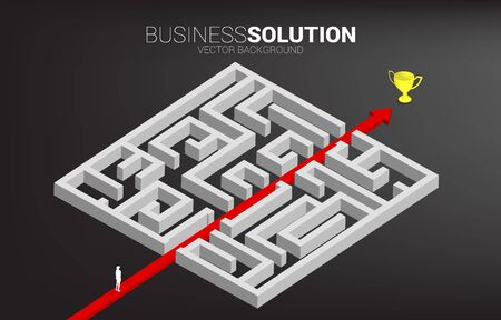 Businessman standing on red arrow route break out of maze to champion trophy. Business concept for problem solving and solution strategy.のイラスト素材