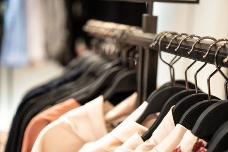 Close up clothes hangers on rack. Background for fashion retail shop shop and apparel store.