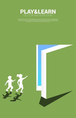 Silhouette of running boy and girl point to door from open book. Concept of education solution. world of knowledge.のイラスト素材
