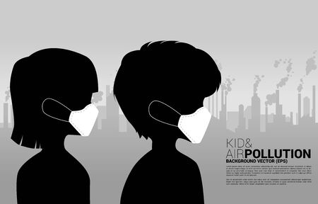 Silhouette kid with mask and smoke from city and factory. Concept for Air pollution and environment crisis.のイラスト素材