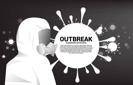 White Hazmat suit with full mask and virus particle background. Concept for biochemical hazard and virus protection situationのイラスト素材