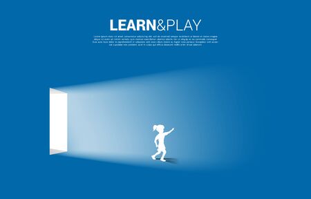 Silhouette of girl running from the door with the light. Concept of education solution.のイラスト素材
