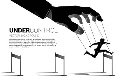 Puppet Master controlling Silhouette of businessman run and jumping across hurdles obstacle. Concept of manipulation and micromanagementのイラスト素材