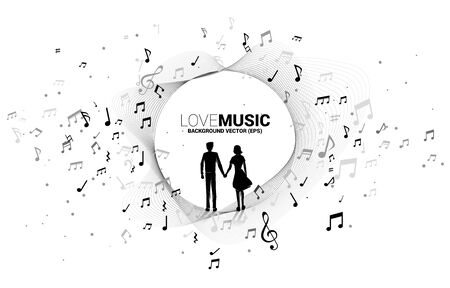 Lover couple holding hand with music melody note dancing flow. Concept background for love song and concert theme.のイラスト素材