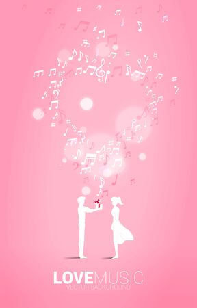 man give gift box to girlfriend with flying music note. Concept background for song and love music concert theme.のイラスト素材
