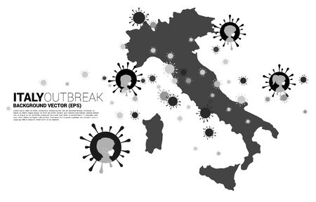 Italy map with covid 19 virus shape and particle of Corona virus background. Concept for america outbreak and pandemic.のイラスト素材