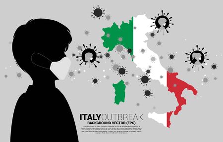 Italy map with people in mask and particle of Corona virus background. Concept for Italy covid19 outbreak and pandemic.のイラスト素材