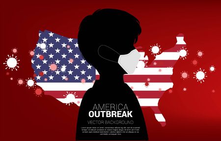 Silhouette man with mask and Flag in USA map and particle of Corona virus background. Concept for america outbreak and pandemic.のイラスト素材