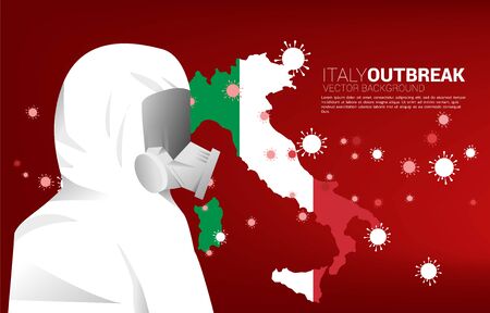 Italy map with people in hazmat and particle of Corona virus background. Concept for Italy covid19 outbreak and pandemic.のイラスト素材