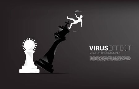 Silhouette of businessman push virus chess piece to checkmate the king with falling down businessman. concept of business covid19 virus effectのイラスト素材