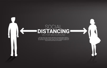 Silhouette of man and woman standing with distance for avoid virus. Concept of social distancing and isolation.のイラスト素材