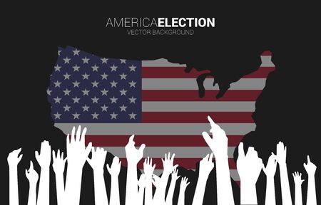 Group of hand in the air with America flag in map. concept for USA election vote theme background.のイラスト素材