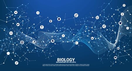 Network line Connecting dot molecule on blue background. Concept of biology chemical and science.のイラスト素材