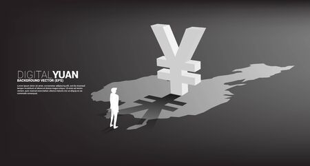 Silhouette of businessman standing with money yuan currency icon 3D with shadow on china map. Concept for digital yuan financial and banking.のイラスト素材