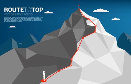 Silhouette of businesswoman standing with Route to the top of mountain. Concept of Goal, Mission, Vision, Career path, Vector concept Polygon dot connect line styleのイラスト素材