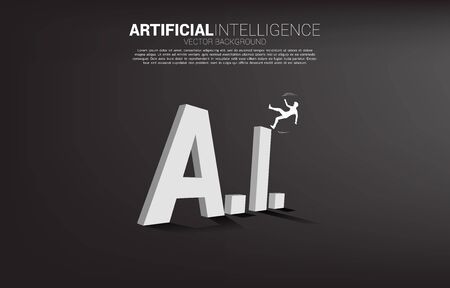 Silhouette of businessman falling down from AI text 3D. Business concept for machine learning and a.i artificial intelligenceのイラスト素材