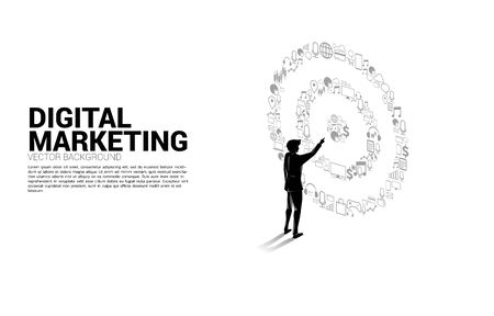 Silhouette businessman point at center of dartboard from marketing icon . Business Concept of marketing target and customerのイラスト素材