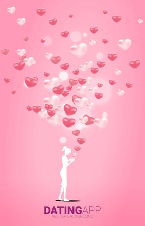 Silhouette of woman use mobile phone with multiple heart particle. Concept for online love and dating application.のイラスト素材