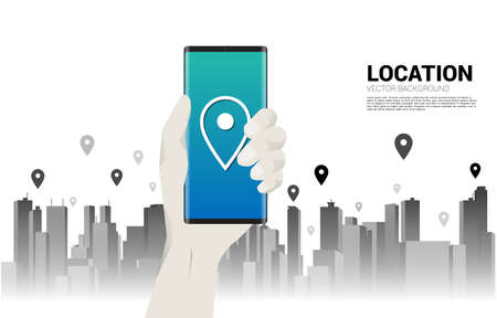 GPS pin marker and mobile phone in hand with city background. concept of location and facility place , GPS technologyのイラスト素材