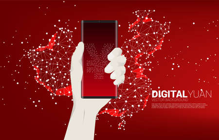 money yuan currency icon on mobile phone in hand with china map dot connect line. Concept for digital yuan financial and banking.のイラスト素材