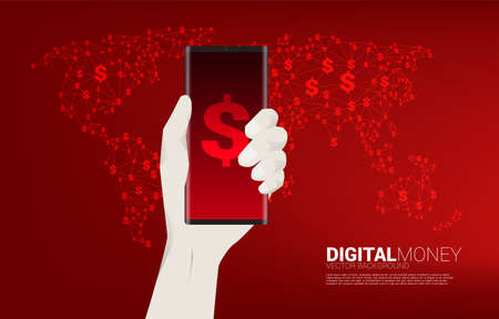 money USA dollar currency icon on mobile phone in hand with world map. Concept for digital dollar financial and banking.のイラスト素材