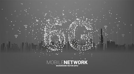 Polygon dot connect line shaped 6G mobile network with city background. Concept for mobile phone...