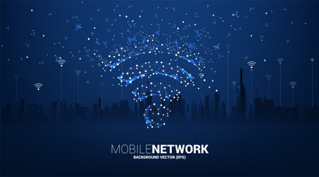 dot connect line circuit board style mobile data icon with city background. Concept for data...
