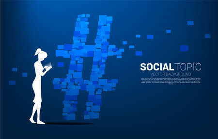 Silhouette of woman use mobile phone and Hash tag background .concept for social media topic and news.のイラスト素材
