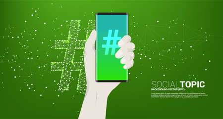 Hash tag on mobile phone in human hand . concept for social media topic and news.のイラスト素材