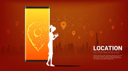 Silhouette of woman with mobile phone and GPS icon with city background. concept of location and facility place , GPS technologyのイラスト素材