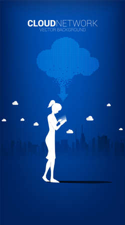 Silhouette of woman with mobile phone with Cloud technology with city background. Concept of cloud server, Storage and data transformation.のイラスト素材
