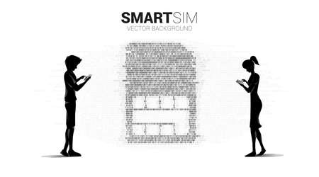 Silhouette of man and woman use mobile phone with digital sim with binary graphic style. Concept for mobile technology and network.のイラスト素材
