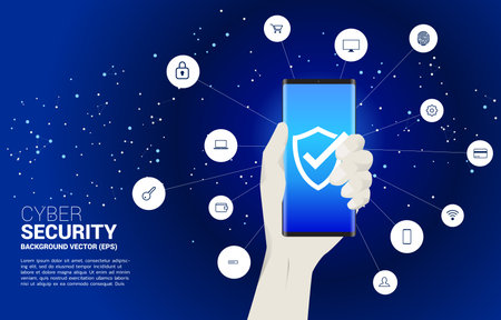 Mobile phone in hand with Protection shield icon. concept of guard security and safety