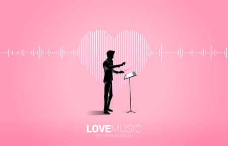 Vector silhouette of conductor with Sound wave heart icon Music Equalizer background. love song music visual signalのイラスト素材