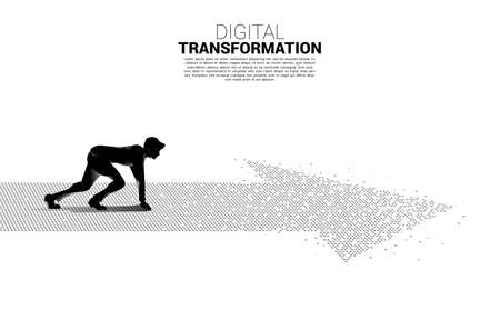 Silhouette of businessman in ready position on the arrow from pixel. concept of digital transformation of business.のイラスト素材