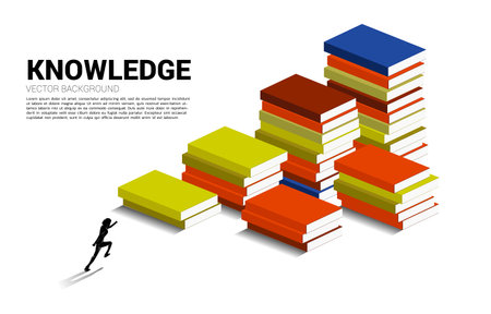 Concept background for power of knowledge. Silhouette of businessman running on stack of books.のイラスト素材