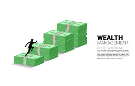 Silhouette of businessman running on top of growth graph with stack of banknote. Concept of success investment and growth in businessのイラスト素材