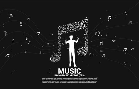 Vector silhouette of conductor with music icon shaped from key note dancing . Concept background for song and concert theme.のイラスト素材