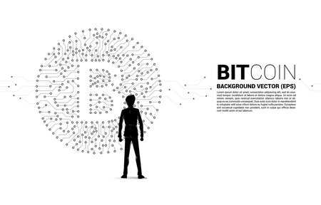 Vector businessman and bitcoin icon from circuit board style dot connect line. Concept for cryptocurrency technology and financial network connection.のイラスト素材