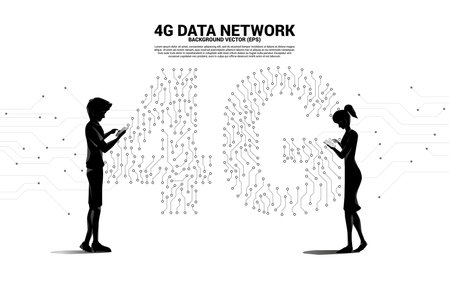 Silhouette of man use mobile phone with 4G dot connect line circuit board style mobile data icon. Concept for data transfer of mobile and wi-fi data network.のイラスト素材