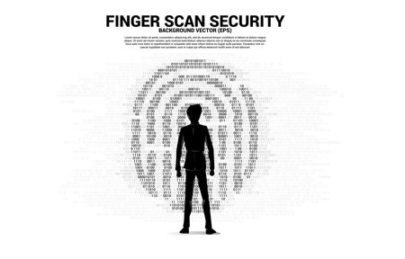 Silhouette businesswoman standing with thumbprint icon from one and zero binary code. background concept for finger scan technology and privacy access.のイラスト素材