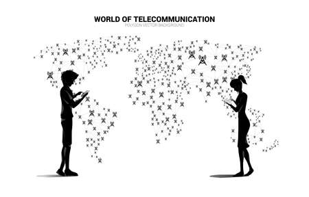 Vector man and woman use mobile phone and Polygon dot connect line with antenna tower icon around world map map. Concept for global telecommunication technology.のイラスト素材