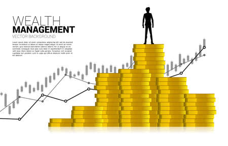 Silhouette of businessman standing on top of stack of coin. Concept of success investment and growth in businessのイラスト素材