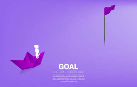 Silhouette of girl standing on paper ship move to goal. Concept of education solution and future of children.のイラスト素材