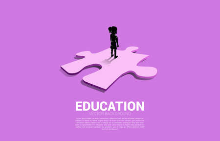 Silhouette of girl standing on route with jigsaw. Concept of education solution and future of children.のイラスト素材