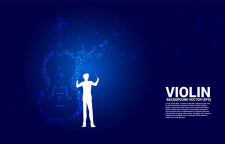 Vector silhouette of conductor hand with music melody note dancing flow shape violin icon . Concept background for song and concert theme.のイラスト素材