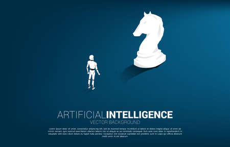 Silhouette of robot standing with knight chess piece 3D silhouette vector. Concept of artificial intelligence investment.のイラスト素材